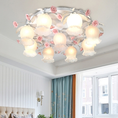 Floral White Glass Ceiling Mounted Fixture Traditional 9 Bulbs Living Room Flush Mount Lamp with Pink Rose Decor