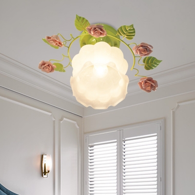 Flower Bedroom Semi-Flush Mount Traditional Frosted Glass 1 Bulb Green Close to Ceiling Lighting Fixture