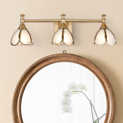 Gold Flower Vanity Wall Sconce Retro Metal 3 Bulbs Bathroom Wall Lighting with White Bevel Glass Shade