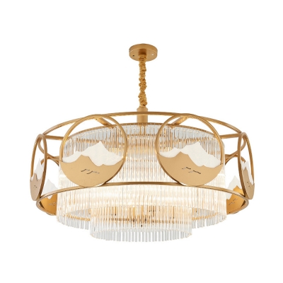 Gold Round/Square Hanging Light Kit Postmodern 8 Heads Crystal Rod Chandelier Light Fixture