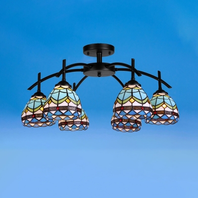 Handcrafted Art Glass Blue Ceiling Lamp Dome 6/8 Heads Mediterranean Semi Flush Mount Light