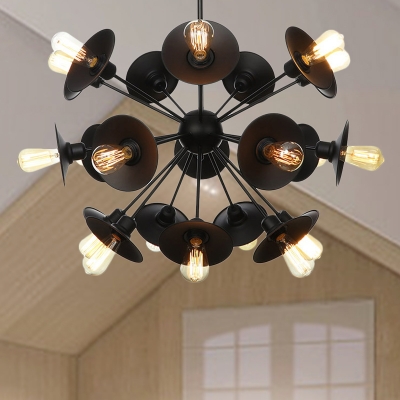 Industrial Flared Hanging Chandelier Lamp Metal 9/12/15 Lights Restaurant Ceiling Light Fixture in Black