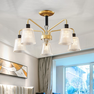 Lattice Glass Conical Semi Flush Light Modernist 3/5/8 Bulbs Gold Close to Ceiling Lighting with Metal Arm