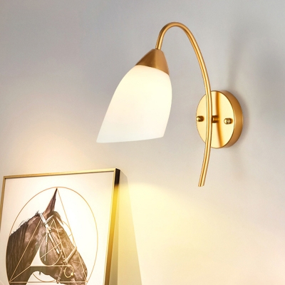Milky Glass Flared Wall Lamp Modern 1 Head Gold Sconce Light Fixture with Metal Curved Arm