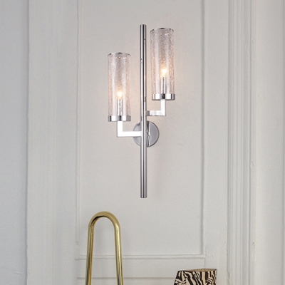 Modern Pencil Arm Sconce Metal 2 Heads Wall Mount Light Fixture in Chrome with Tube Crackle Glass Shade
