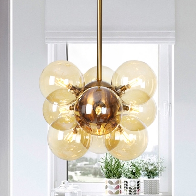 Modernist Spherical Amber/Frosted White Glass Pendant Chandelier 9 Bulbs Hanging Light Fixture
