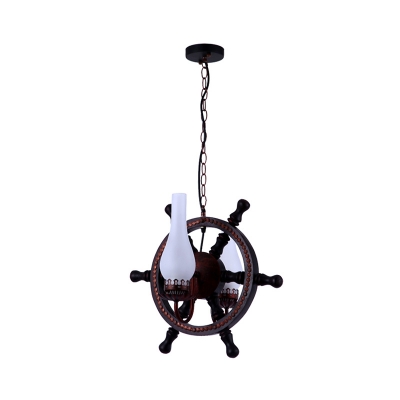 Nautical Steering Wheel Pendant Lamps Wood and Glass 2 Heads Hanging Ceiling Lights for Restaurant