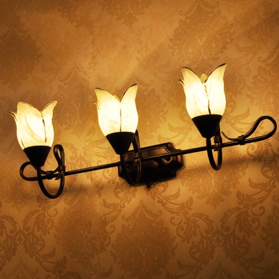 Opal Glass Floral Wall Lamp Fixture Modern Style 2/3 Lights Black Finish Vanity Sconce Light for Dining Room