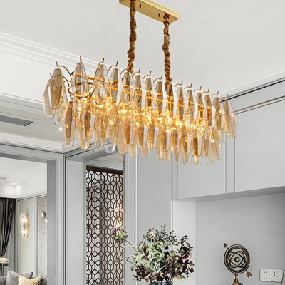 Rectangle Dining Room Chandelier Light Traditional Amber Glass 6 Heads Gold Hanging Light Kit