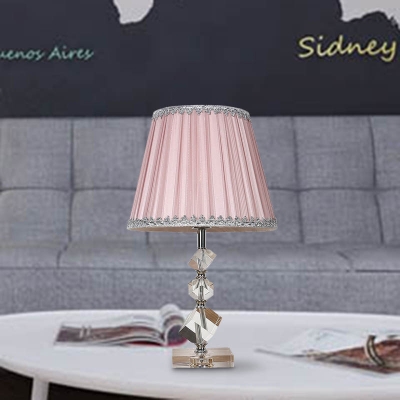 Simple Pleated Shade Night Light 1 Head Fabric Table Lamp in Pink with Square Crystal Accent