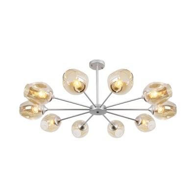 Sputnik Chandelier Lighting Modernist Metal 10 Bulbs Silver Hanging Light Fixture with Cognac Glass Shade