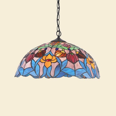 Stained Glass Dome Suspension Lighting Fixture Mediterranean 1 Light Blue/Green Drop Pendant