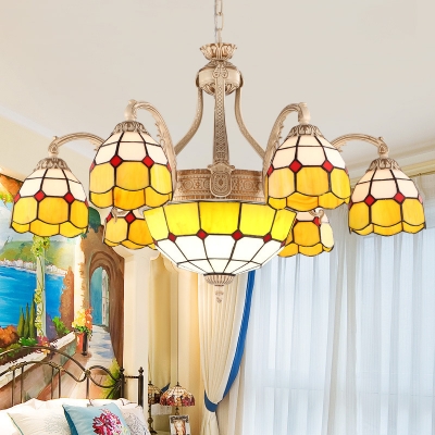 Stained Glass Grid Patterned Chandelier Light Fixture Tiffany 9/11 Lights Yellow/Blue Pendant Lighting Fixture