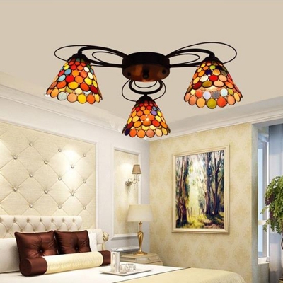 Stained Glass Orange Ceiling Light Bell 3/7/9 Heads Tiffany Semi Flush Mount Light for Bedroom