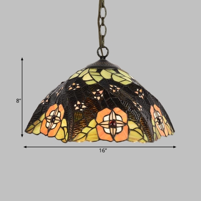Tiffany Floral/Cone Ceiling Pendant Light 1 Light Stained Glass Suspension Lighting Fixture in Black