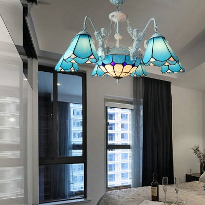 Tiffany-Style Conical Pendant Chandelier 7/9 Heads Hand Rolled Art Glass Hanging Ceiling Light in Yellow/Blue for Living Room