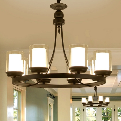 Traditional Cylindrical Chandelier Lighting Fixture 4/6/8 Heads Clear Glass Pendant Ceiling Light in Black