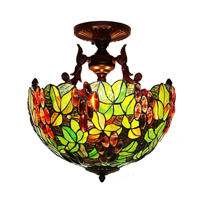 Victorian Bowl Semi Flush Lighting 3 Lights Pink/Green Stained Art Glass Ceiling Fixture in Bronze for Bedroom