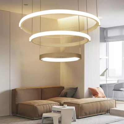 White 2/3 Rings Pendant Chandelier Modernist Metal LED Suspension Lighting Fixture for Living Room, White/Warm Light
