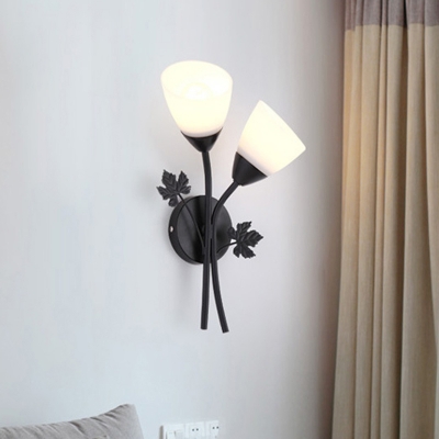 White Glass Wide Flare Sconce Light Modernist 2 Heads Gold/Black Wall Mounted Lighting with Metal Leaf