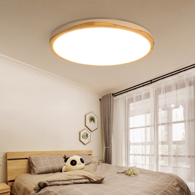 Wood Disk Ceiling Light Fixture Contemporary White LED Flush Mount Lighting in Warm/White Light, 14