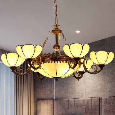 Yellow Glass Bronze Chandelier Blossom 8 Lights Tiffany Style Pendant Light Fixture for Bedroom