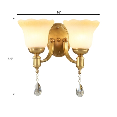 1/2-Bulb Flared Wall Mount Light Vintage Style Milk Glass Wall Lamp in Brass for Bedroom