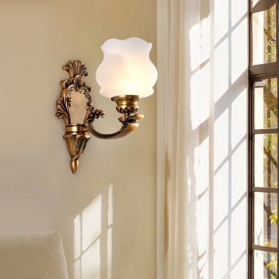 1/2-Head Frosted Glass Wall Lamp Vintage Style Brass Finish Carved Kitchen Wall Lighting with Petal Shade