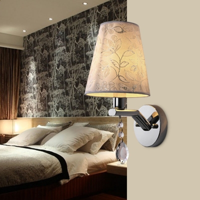 1 Bulb Cone LED Wall Sconce Traditional Beige Crystal Wall Light with Fabric Shade for Bedroom