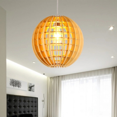 1 Head Dining Room Hanging Light Asia Beige Suspended Lighting Fixture with Globe Wood Shade