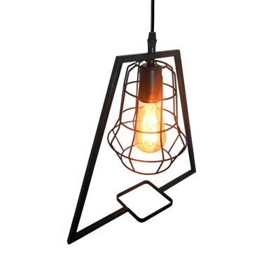 1 Light Cage Ceiling Pendant Vintage Black Metal Hanging Light with Trapezoid Frame