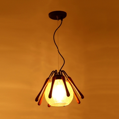 1 Light Conical Pendant Lamp Rustic Brown Wood Suspended Lighting Fixture with Global Cracked Glass Shade