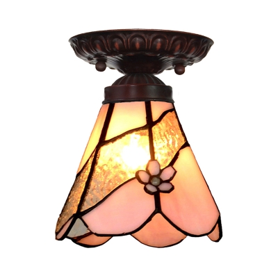1 Lights Living Room Flush Mount Lighting Tiffany Bronze Ceiling Light Fixture with Flower/Flared/Rhombus Pink Stained Glass Shade
