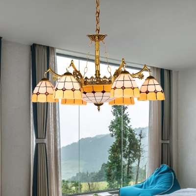 11 Lights Bedroom Chandelier Lamp Tiffany Yellow Drop Pendant with Grid Patterned Stained Glass Shade