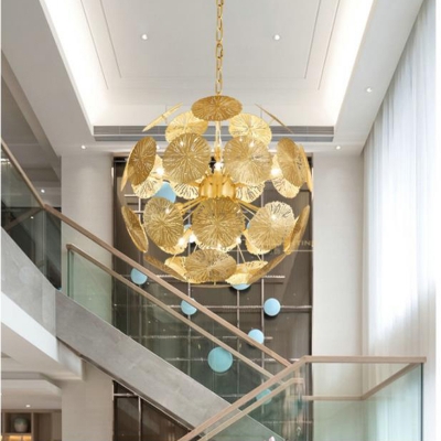 12/20 Bulbs Ball Pendant Lamp Colonial Gold Metal Chandelier Light Fixture for Living Room