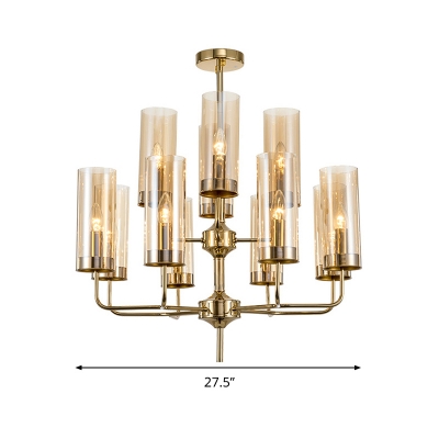 12 Heads Dining Room Chandelier Lamp Postmodern Gold Hanging Ceiling Light with Cylinder Blue/Cognac Glass Shade