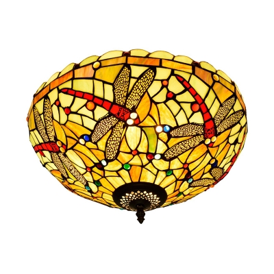 3 Heads Ceiling Lighting Tiffany Dragonfly Handcrafted Art Glass Flush Light Fixture in Bronze