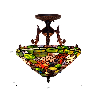 3 Lights Blossom Semi Flush Mount Mediterranean Red/Green Stained Glass Ceiling Mounted Fixture