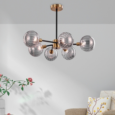 6 Bulbs Living Room Hanging Chandelier Modern Brass Pendant Light Kit with Orb Smoke Glass Shade