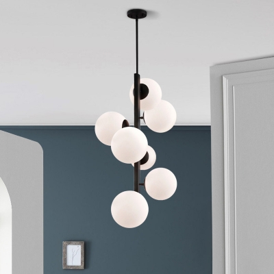 7 Heads Round Ceiling Chandelier Modernist White Glass Hanging Pendant Light in Black