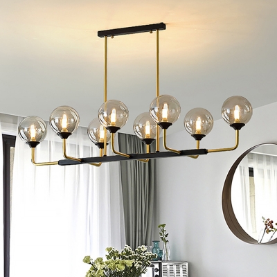 8 Bulbs Bedroom Island Light Modern Black-Gold Pendant Lighting Fixture with Orb Amber Glass Shade