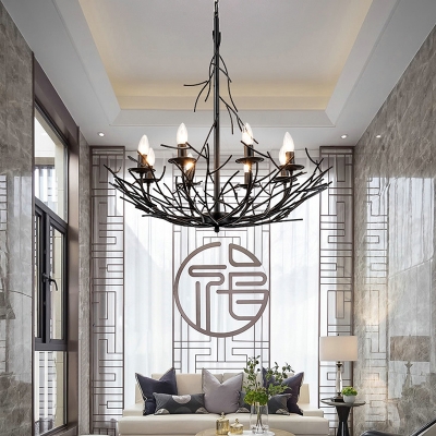 8-Light Metallic Chandelier Lamp Vintage Black Nest Shape Hanging Ceiling Pendant