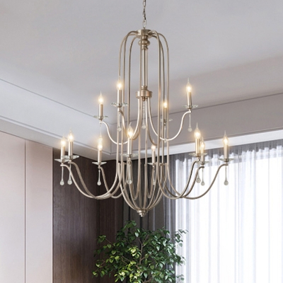 9/12 Lights Hanging Chandelier Traditional Two-Tiered Clear Crystal Pendant Light Fixture in Silver