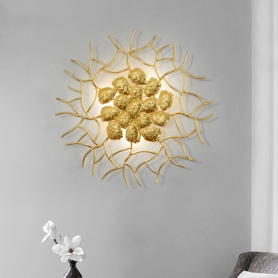 Aluminum Round Sconce Lamp Contemporary Style 3 Lights Dining Room Wall Lighting Fixture with Dark Coffee/Gold Leaf Shape