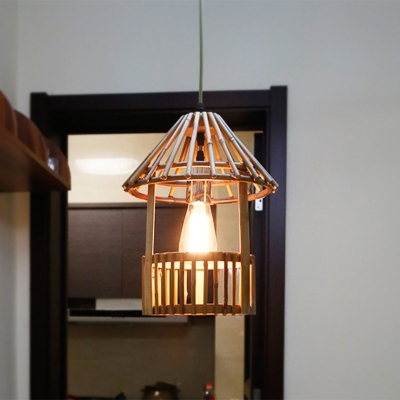 Asia Pavilion Shaped Hanging Lamp Bamboo 1 Light Dining Room Suspension Pendant in Wood
