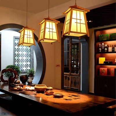 Bamboo House Pendant Light Chinese 1 Bulb Wood Suspended Lighting Fixture for Dining Room