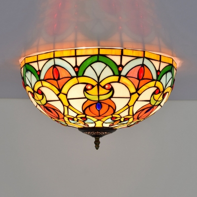 Baroque Dome Ceiling Light Fixture 3 Bulbs Stained Glass Flush Mount Lighting in Bronze for Kitchen