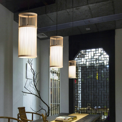 Beige/Coffee Cylinder Pendant Lamp Modern 1 Light Bamboo Hanging Light Fixture for Living Room