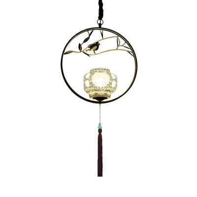 Black/Gold Circle Down Lighting Pendant Traditional Metal 1 Light Restaurant Ceiling Suspension Lamp with Porcelain Shade