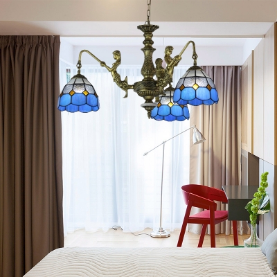 Blue Mermaid Chandelier Light Fixture Mediterranean 3/5/9 Bulbs Multicolored Stained Glass Pendant Lamp for Kitchen